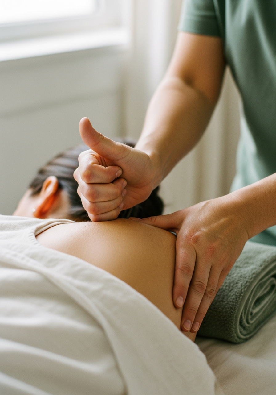 Drukpuntbehandeling — handen op nek en schouder